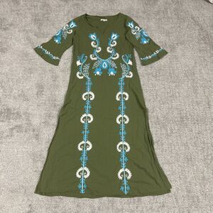 Debbie Katz Dress Womens Medium Embroidered Floral Green Cotton Beach Midi Maxi